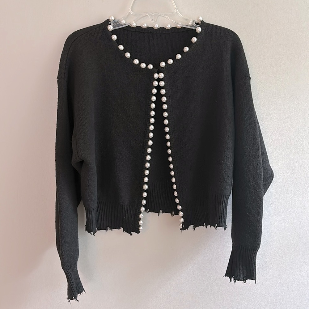 Slouchy raw hem cardigan with large faux pearl trim